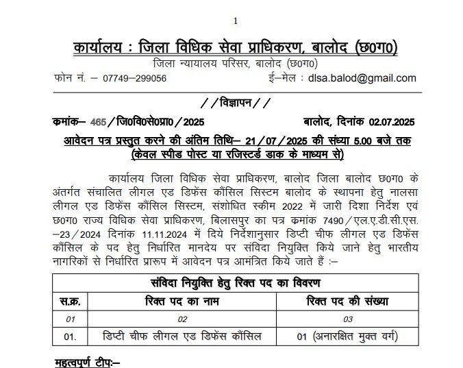 DLSA Balod Recruitment